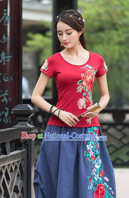 Traditional Ancient Chinese National Costume, Elegant Hanfu Embroidered Peony Red T-Shirt, China Tang Suit Blouse Cheongsam Qipao Shirts Clothing for Women