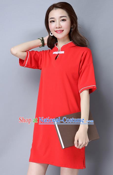 Traditional Ancient Chinese National Costume, Elegant Hanfu Mandarin Collar Qipao Embroidered Red Dress, China Tang Suit Cheongsam Upper Outer Garment Elegant Dress Clothing for Women