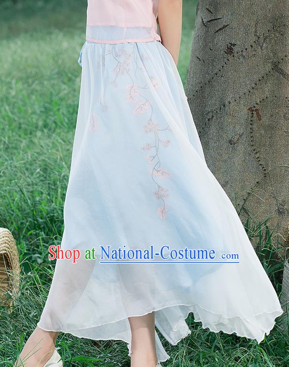 Traditional Ancient Chinese National Pleated Skirt Costume, Elegant Hanfu Embroidered Waistband Long Dress, China Tang Suit Blue Bust Skirt for Women