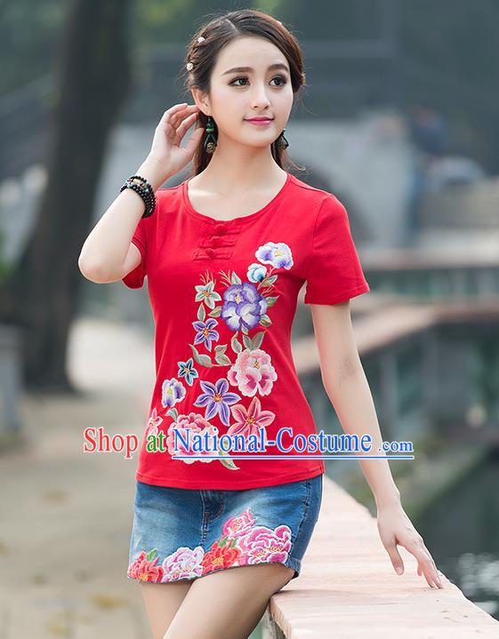 Traditional Chinese National Costume, Elegant Hanfu Embroidery Plate Buttons Red T-Shirt, China Tang Suit Blouse Cheongsam Upper Outer Garment Qipao Shirts Clothing for Women