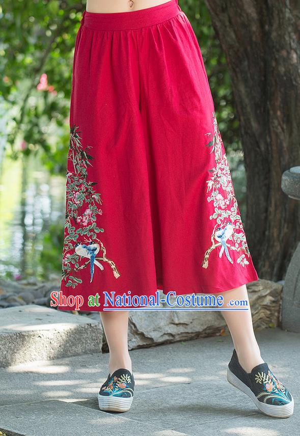 Traditional Chinese National Costume Pantskirt, Elegant Hanfu Embroidered Red Loose Pants, China Ethnic Minorities Tang Suit Ultra-Wide-Leg Trousers for Women