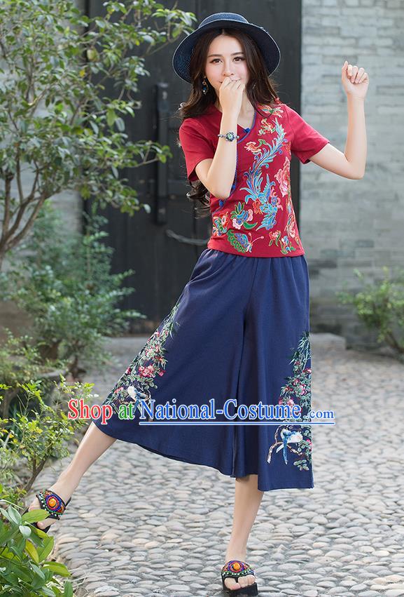 Traditional Chinese National Costume Pantskirt, Elegant Hanfu Embroidered Navy Loose Pants, China Ethnic Minorities Tang Suit Ultra-Wide-Leg Trousers for Women