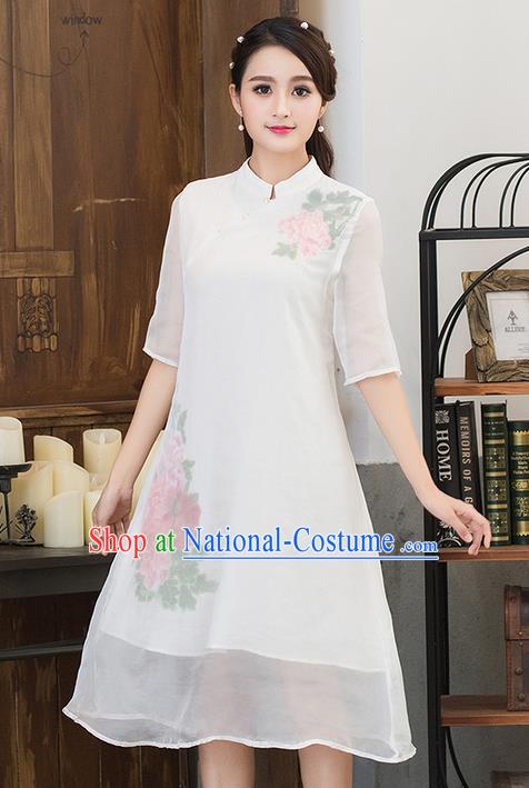 Traditional Ancient Chinese National Costume, Grace Hanfu Mandarin Qipao Embroidered Dress, China Tang Suit Stand Collar Cheongsam Upper Outer Garment Elegant Dress Clothing for Women