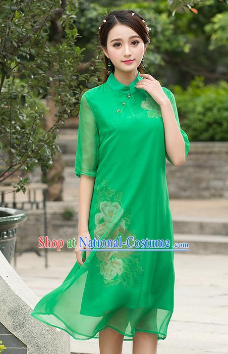 Traditional Ancient Chinese National Costume, Grace Hanfu Mandarin Qipao Embroidered Green Dress, China Tang Suit Stand Collar Cheongsam Upper Outer Garment Elegant Dress Clothing for Women