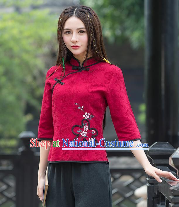 Traditional Ancient Chinese National Costume, Elegant Hanfu Jacquard Weave Slant Opening Red Shirt, China Tang Suit Blouse Cheongsam Qipao Shirts Clothing for Women