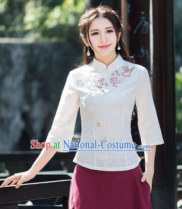 Traditional Ancient Chinese National Costume, Elegant Hanfu Linen Stand Collar Embroidered Shirt, China Tang Suit Mandarin Collar Blouse Cheongsam Qipao Shirts Clothing for Women