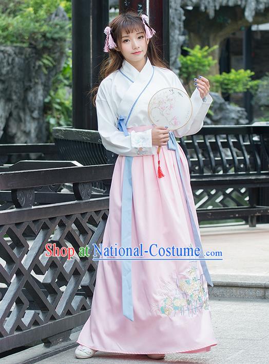 Traditional Ancient Chinese Costume, Elegant Hanfu Clothing Embroidered Slant Opening Blouse and Dress, China Ming Dynasty Elegant Blouse and Pink Ru Skirt Complete Set for Women