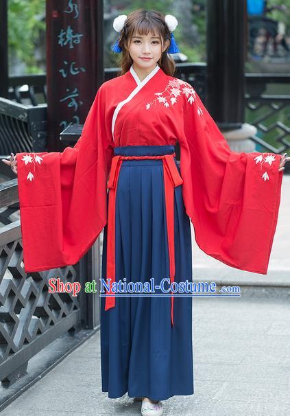 Traditional Ancient Chinese Costume, Elegant Hanfu Clothing Embroidered Maple Leaf Wide Sleeve Blouse and Dress, China Ming Dynasty Elegant Red Blouse and Skirt Complete Set for Women