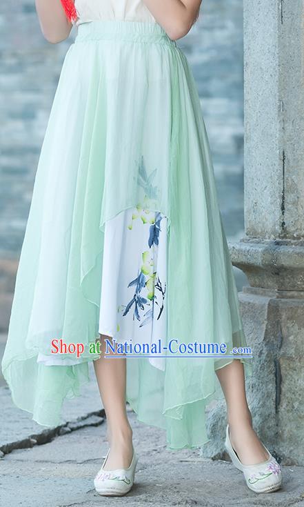 Traditional Chinese National Costume Pleated Skirt, Elegant Hanfu Printing Chiffon Green Half Dress, China Tang Suit Bust Skirt for Women