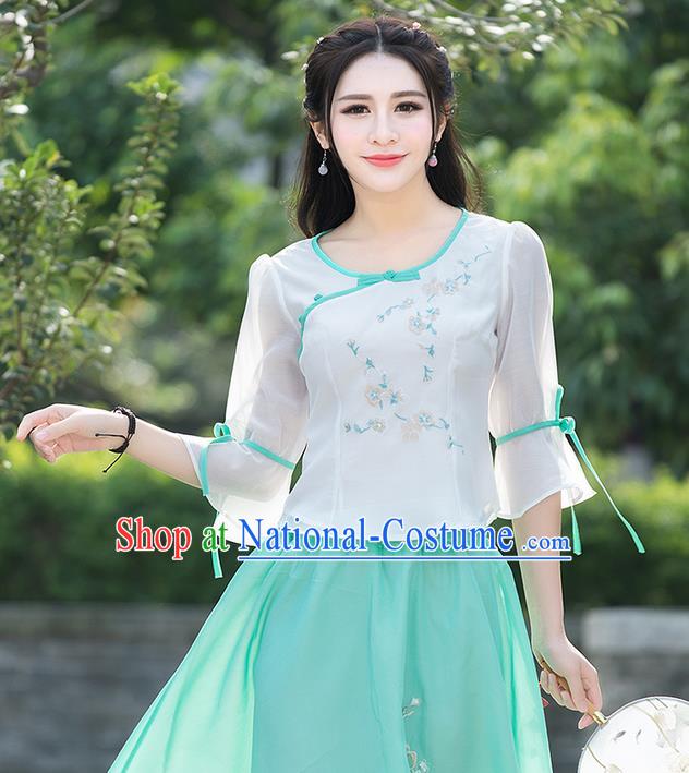 Traditional Ancient Chinese National Costume, Elegant Hanfu Chiffon Embroidered White Shirt, China Tang Suit Mandarin Sleeve Blouse Cheongsam Qipao Shirts Clothing for Women