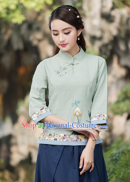 Traditional Ancient Chinese National Costume, Elegant Hanfu Linen Embroidered Green Shirt, China Tang Suit Mandarin Collar Blouse Cheongsam Qipao Shirts Clothing for Women