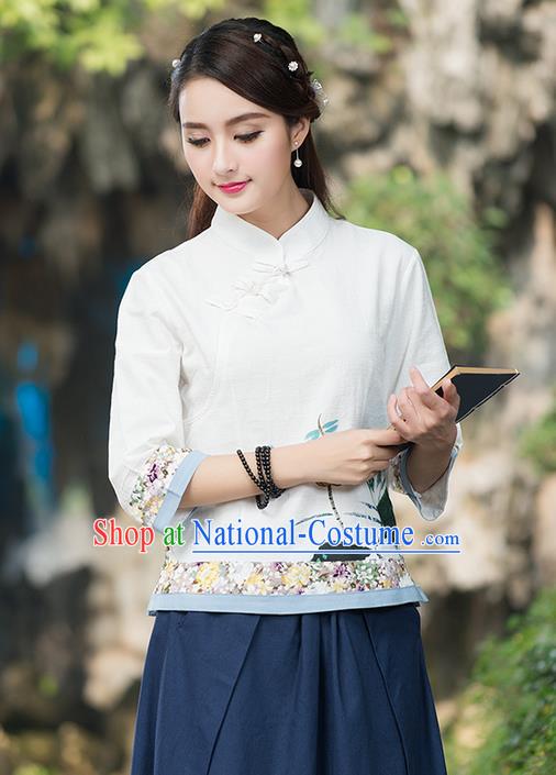 Traditional Ancient Chinese National Costume, Elegant Hanfu Linen Embroidered White Shirt, China Tang Suit Mandarin Collar Blouse Cheongsam Qipao Shirts Clothing for Women