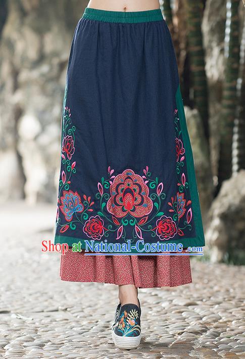 Traditional Ancient Chinese National Pleated Skirt Costume, Elegant Hanfu Embroidered Long Half Dress, China Tang Suit Navy Bust Skirt for Women