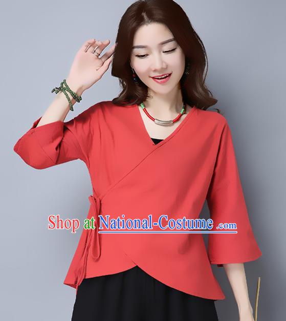 Traditional Chinese National Costume, Elegant Hanfu Slant Opening Red T-Shirt, China Tang Suit Blouse Cheongsam Qipao Shirts Clothing for Women