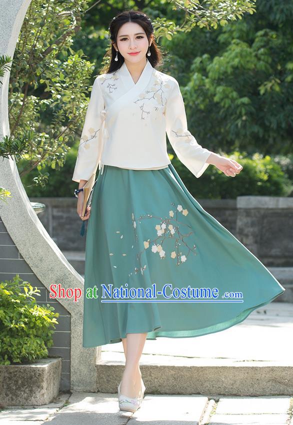 Traditional Chinese National Pleated Skirt Costume, Elegant Hanfu Embroidered Plum Blossom Long Green Dress, China Tang Suit Bust Skirt for Women