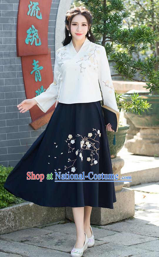 Traditional Chinese National Pleated Skirt Costume, Elegant Hanfu Embroidered Plum Blossom Long Navy Dress, China Tang Suit Bust Skirt for Women