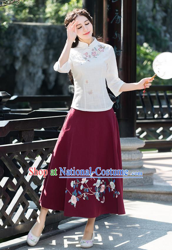 Traditional Ancient Chinese National Pleated Skirt Costume, Elegant Hanfu Embroidered Flowers Birds Red Half Dress, China Tang Suit Bust Skirt for Women