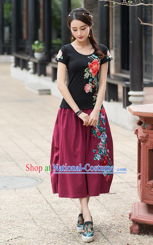 Traditional Ancient Chinese National Pleated Skirt Costume, Elegant Hanfu Embroidered Linen Red Half Dress, China Tang Suit Bust Skirt for Women