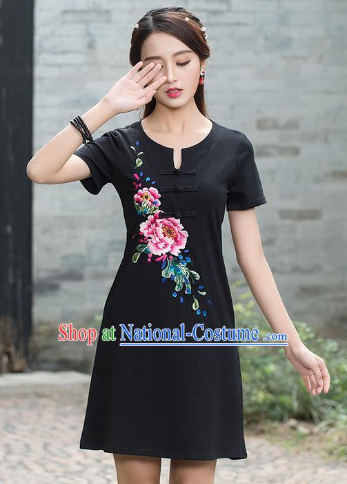 Traditional Ancient Chinese National Costume, Elegant Hanfu Plated Buttons Linen Embroidered Black Dress, China Tang Suit Cheongsam Upper Outer Garment Elegant Dress Clothing for Women