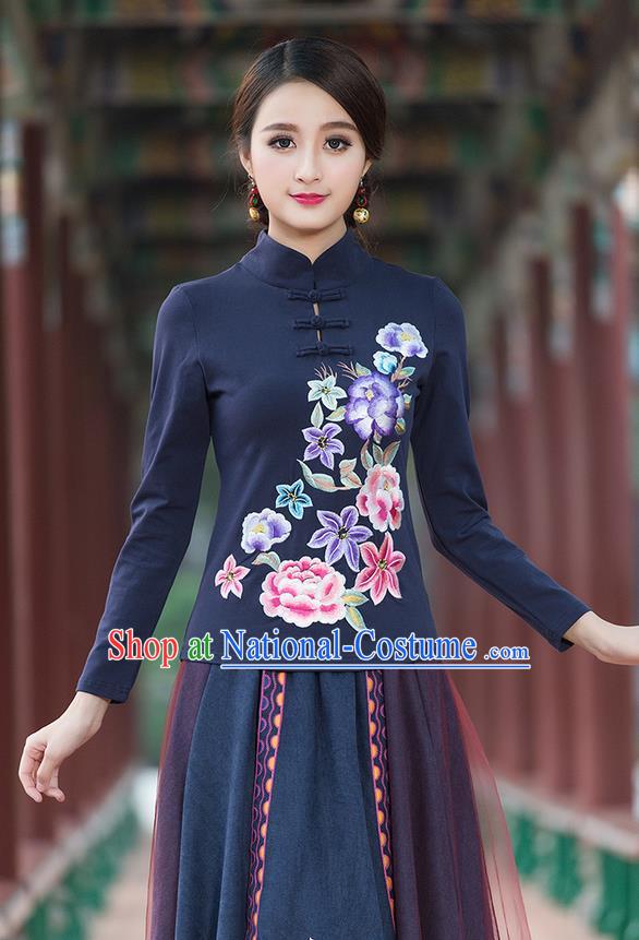 Traditional Chinese National Costume, Elegant Hanfu Embroidery Flowers Stand Collar Navy T-Shirt, China Tang Suit Plated Buttons Blouse Cheongsam Upper Outer Garment Qipao Shirts Clothing for Women