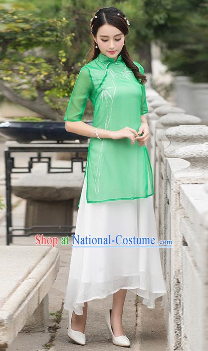 Traditional Ancient Chinese National Costume, Elegant Hanfu Mandarin Qipao Double-deck Dress, China Tang Suit Green Cheongsam Upper Outer Garment Elegant Dress Clothing for Women