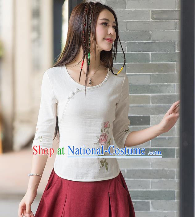 Traditional Ancient Chinese National Costume, Elegant Hanfu Linen Slant Opening Embroidered White T-Shirt, China Tang Suit Mandarin Collar Blouse Cheongsam Qipao Shirts Clothing for Women