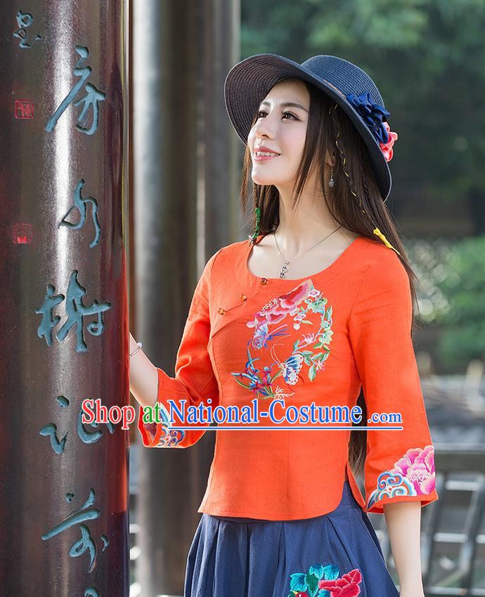 Traditional Ancient Chinese National Costume, Elegant Hanfu Linen Delicacy Embroidered Orange T-Shirt, China Tang Suit Mandarin Collar Blouse Cheongsam Qipao Shirts Clothing for Women