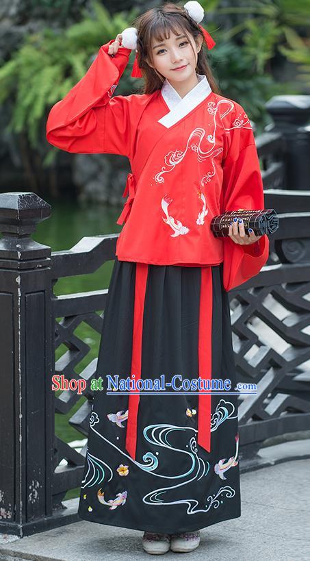 Traditional Ancient Chinese Costume, Elegant Hanfu Clothing Embroidered Fancy Carp Wide Sleeve Blouse and Dress, China Ming Dynasty Elegant Red Blouse and Ru Skirt Complete Set for Women