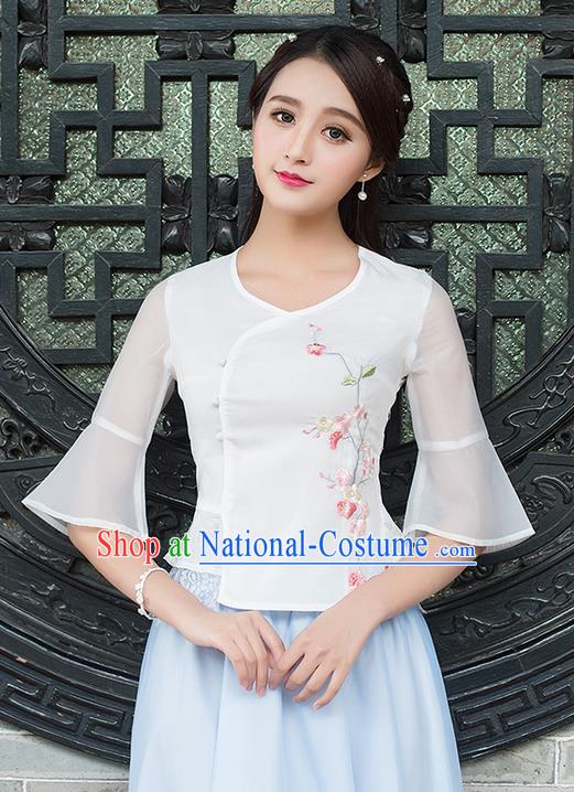 Traditional Ancient Chinese National Costume, Elegant Hanfu Chiffon Mandarin Sleeve Embroidered Shirt, China Tang Suit Blouse Cheongsam Qipao Shirts Clothing for Women