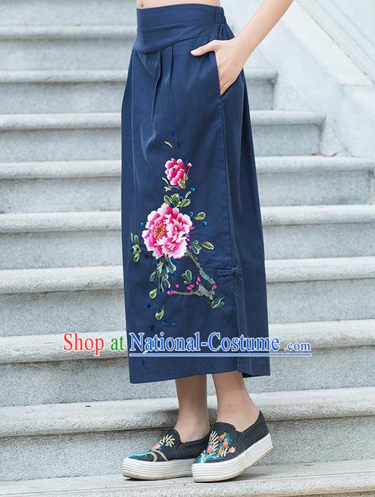 Traditional Ancient Chinese National Pleated Skirt Costume, Elegant Hanfu Embroidered Peony Linen Navy Half Dress, China Tang Suit Bust Skirt for Women