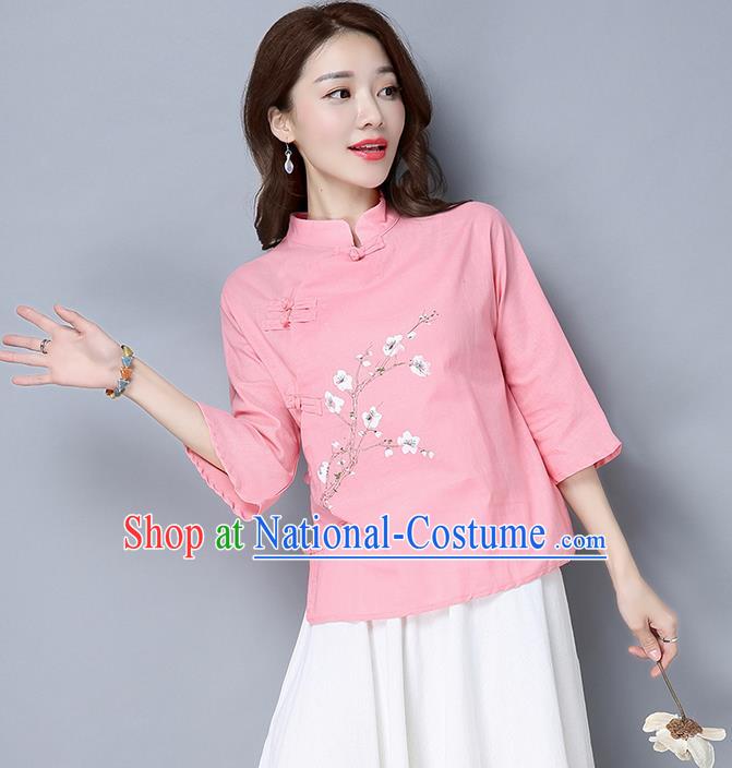 Traditional Chinese National Costume, Elegant Hanfu Embroidery Stand Collar Pink Shirt, China Tang Suit Plated Buttons Blouse Cheongsam Upper Outer Garment Qipao Shirts Clothing for Women