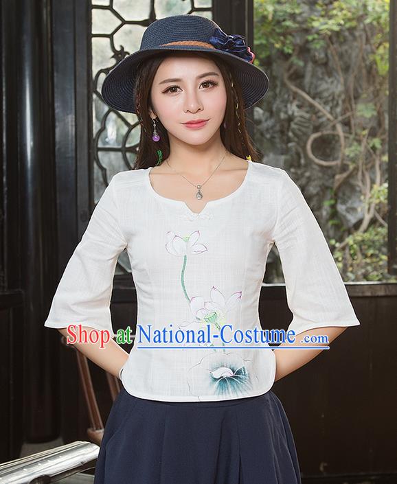 Traditional Chinese National Costume, Elegant Hanfu Painting Lotus Flowers Round Collar White T-Shirt, China Tang Suit Plated Buttons Blouse Cheongsam Upper Outer Garment Qipao Shirts Clothing for Women