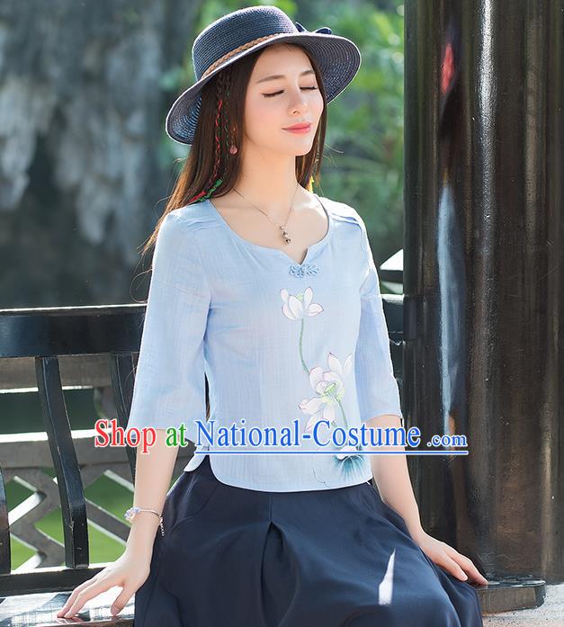 Traditional Chinese National Costume, Elegant Hanfu Painting Lotus Flowers Round Collar Blue T-Shirt, China Tang Suit Plated Buttons Blouse Cheongsam Upper Outer Garment Qipao Shirts Clothing for Women