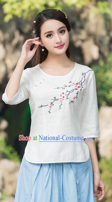 Traditional Chinese National Costume, Elegant Hanfu Embroidery Plum Blossom Round Collar White T-Shirt, China Tang Suit Plated Buttons Blouse Cheongsam Upper Outer Garment Qipao Shirts Clothing for Women