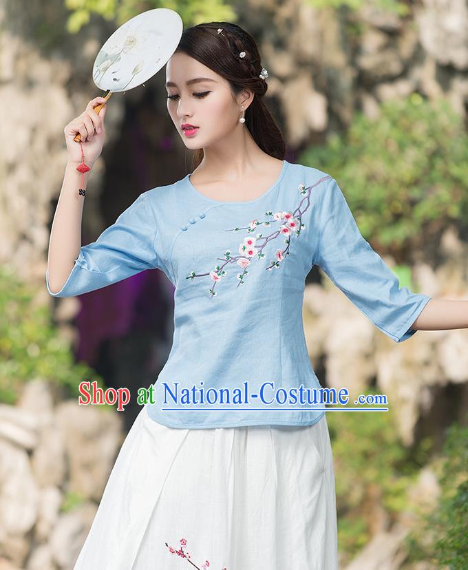 Traditional Chinese National Costume, Elegant Hanfu Embroidery Plum Blossom Round Collar Blue T-Shirt, China Tang Suit Plated Buttons Blouse Cheongsam Upper Outer Garment Qipao Shirts Clothing for Women