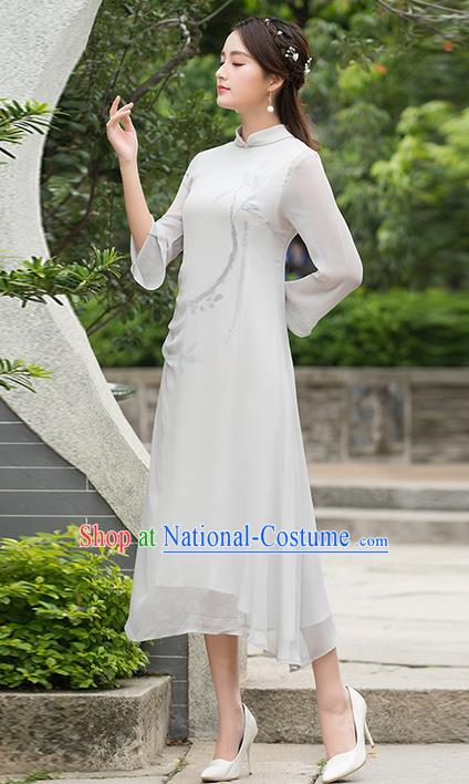 Traditional Ancient Chinese National Costume, Elegant Hanfu Mandarin Qipao Ink Painting Chiffon Dress, China Tang Suit Cheongsam Upper Outer Garment Elegant Dress Clothing for Women