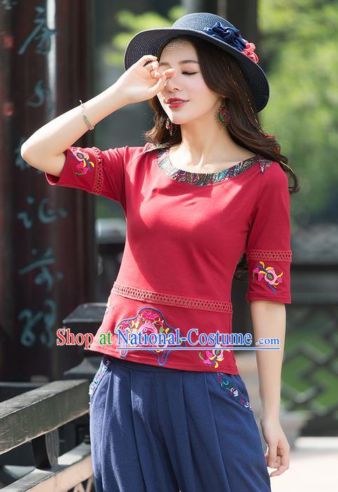 Traditional Chinese National Costume, Elegant Hanfu Embroidery Flowers Red T-Shirt, China National Minority Tang Suit Blouse Cheongsam Upper Outer Garment Qipao Shirts Clothing for Women