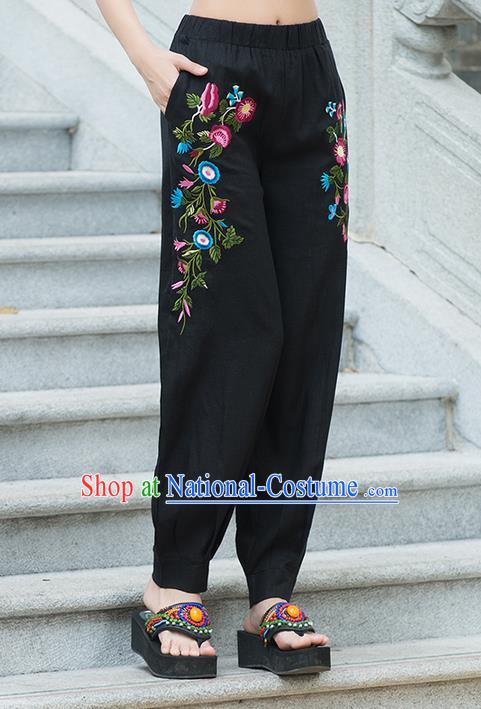 Traditional Chinese National Costume Plus Fours, Elegant Hanfu Embroidered Black Bloomers, China Ethnic Minorities Tang Suit Pantalettes for Women