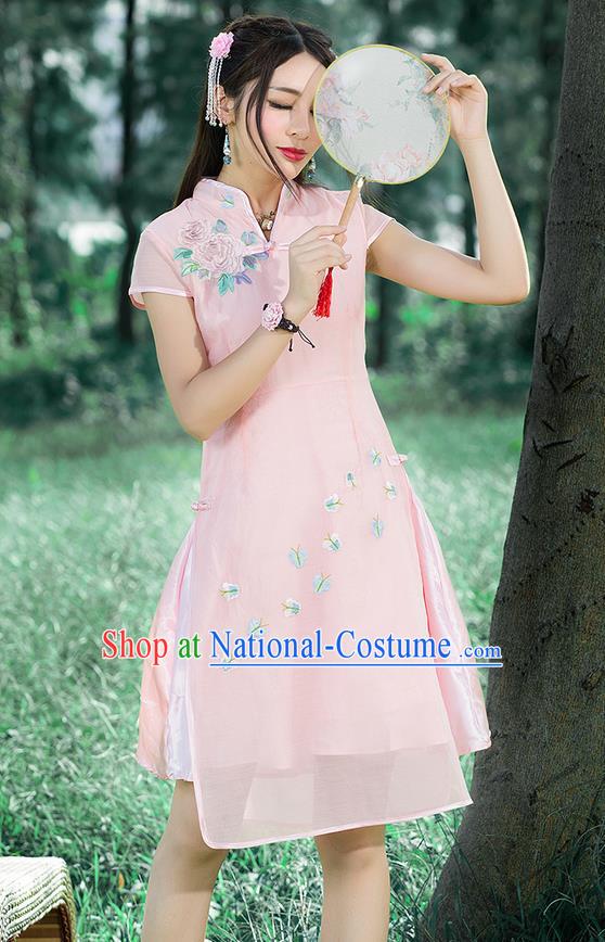 Traditional Ancient Chinese National Costume, Elegant Hanfu Mandarin Qipao Embroidered Pink Stand Collar Dress, China Tang Suit Plated Buttons Cheongsam Upper Outer Garment Elegant Dress Clothing for Women