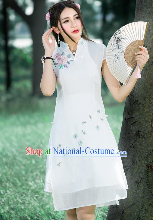 Traditional Ancient Chinese National Costume, Elegant Hanfu Mandarin Qipao Embroidered White Stand Collar Dress, China Tang Suit Plated Buttons Cheongsam Upper Outer Garment Elegant Dress Clothing for Women