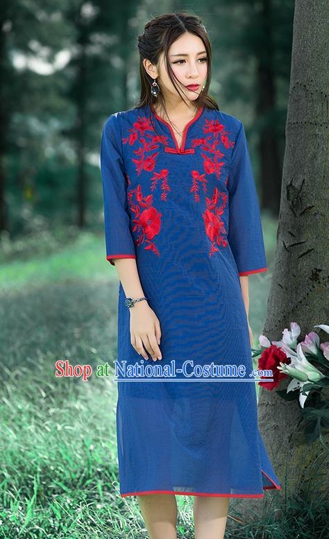 Traditional Ancient Chinese National Costume, Elegant Hanfu Mandarin Qipao Linen Embroidered Chirpaur Blue Dress, China Tang Suit Cheongsam Upper Outer Garment Elegant Dress Clothing for Women