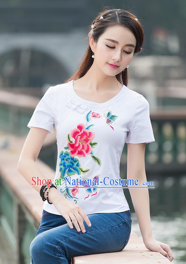 Traditional Chinese National Costume, Elegant Hanfu Embroidery Flowers Round Collar White T-Shirt, China Tang Suit Plated Buttons Blouse Cheongsam Upper Outer Garment Shirts Clothing for Women