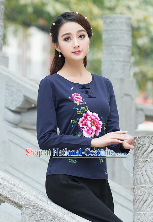 Traditional Chinese National Costume, Elegant Hanfu Embroidery Flowers Mandatin Collar Navy T-Shirt, China Tang Suit Plated Buttons Blouse Cheongsam Upper Outer Garment Qipao Shirts Clothing for Women