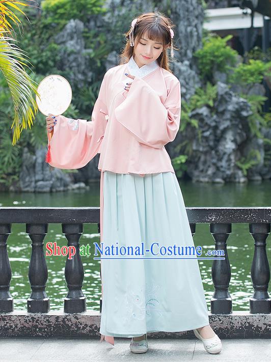 Traditional Ancient Chinese Costume, Elegant Hanfu Clothing Embroidered Sleeve Placket Pink Blouse and Dress, China Ming Dynasty Elegant Slant Opening Blouse and Skirt Complete Set for Women