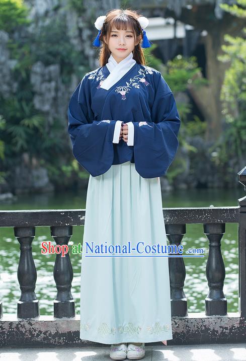 Traditional Ancient Chinese Costume, Elegant Hanfu Clothing Embroidered Sleeve Placket Blue Blouse and Dress, China Ming Dynasty Elegant Slant Opening Blouse and Skirt Complete Set for Women