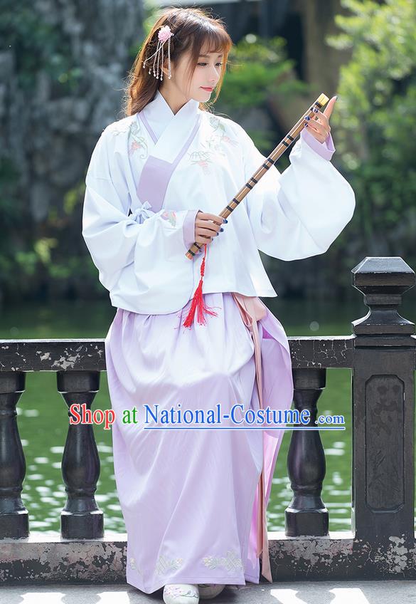 Traditional Ancient Chinese Costume, Elegant Hanfu Clothing Embroidered Sleeve Placket White Blouse and Dress, China Ming Dynasty Elegant Slant Opening Blouse and Skirt Complete Set for Women