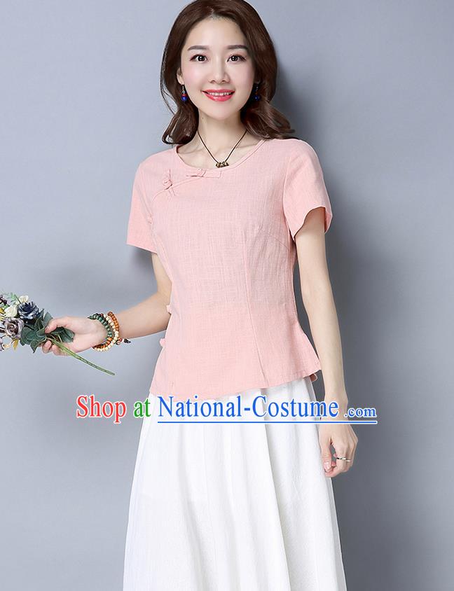 Traditional Chinese National Costume, Elegant Hanfu Slant Opening Pink T-Shirt, China Tang Suit Republic of China Plated Buttons Blouse Cheongsam Upper Outer Garment Qipao Shirts Clothing for Women