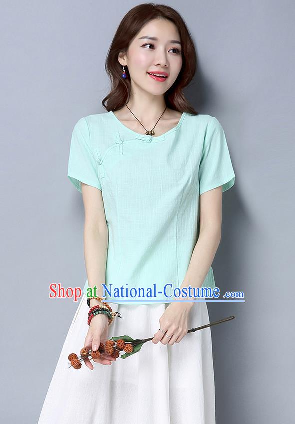 Traditional Chinese National Costume, Elegant Hanfu Slant Opening Blue T-Shirt, China Tang Suit Republic of China Plated Buttons Blouse Cheongsam Upper Outer Garment Qipao Shirts Clothing for Women