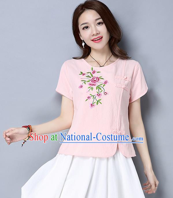 Traditional Chinese National Costume, Elegant Hanfu Embroidery Flowers Slant Opening Pink T-Shirt, China Tang Suit Republic of China Plated Buttons Blouse Cheongsam Upper Outer Garment Qipao Shirts Clothing for Women