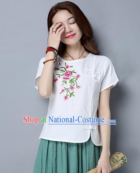 Traditional Chinese National Costume, Elegant Hanfu Embroidery Flowers Slant Opening White T-Shirt, China Tang Suit Republic of China Plated Buttons Blouse Cheongsam Upper Outer Garment Qipao Shirts Clothing for Women